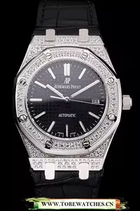 Audemars Piguet Royal Oak Black Dial Steel Case With Diamonds Black Leather Strap En121572