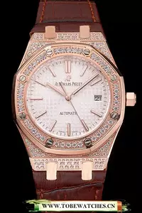 Audemars Piguet Royal Oak White Dial Gold Case With Diamonds Brown Leather Strap En121573