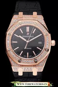 Audemars Piguet Royal Oak Black Dial Gold Case With Diamonds Black Leather Strap En121574
