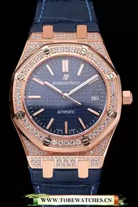 Audemars Piguet Royal Oak Blue Dial Gold Case With Diamonds Blue Leather Strap En121575