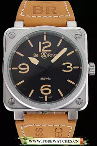 Bell And Ross Br 01 92 Black Dial Silver Case Gold Numerals Brown Leather Strap En121204