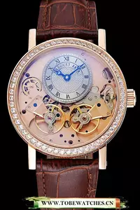 Breguet Tradition Silver Dial Gold Diamond Case Brown Leather Bracelet En124882