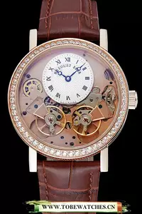 Breguet Tradition White Dial Gold Diamond Case Brown Leather Bracelet En124884