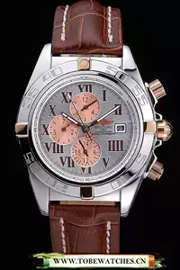 Breitling Chronomat Rose Gold Highlight Brown Leather Strap Roman Number White Dial En58059