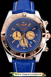 Breitling Chronomat Blue Dial Rose Gold Bezel And Subdials Stainless Steel Case Blue Leather Strap En121341
