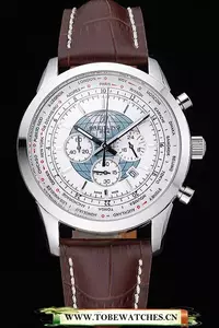 Breitling Transocean Chronograph Unitime White Dial Stainless Steel Case Brown Leather Bracelet En118766