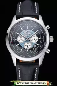 Breitling Transocean Chronograph Unitime Black Dial Stainless Steel Case Black Leather Bracelet En60138