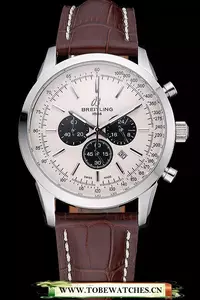 Breitling Transocean Chronograph White Dial Stainless Steel Case Brown Leather Bracelet En60139