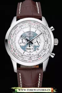 Breitling Transocean Chronograph Unitime White Dial Stainless Steel Case Brown Leather Bracelet En60140
