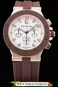 Bvlgari Diagono 36mm White Dial Rose Gold Case Brown Rubber Bracelet En56282