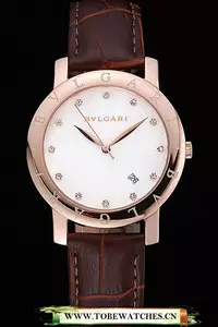 Bvlgari White Dial Gold Case Brown Leather Bracelet En119212