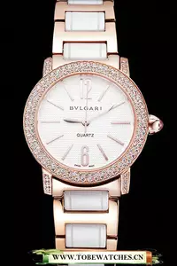 Bvlgari Bvlgari White Embossed Dial Gold Case Diamond Bezel Two Tone Bracelet En121513
