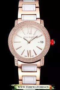 Bvlgari Bvlgari White Guilloche Dial Roman Numerals Gold Case Diamond Bezel Two Tone Bracelet En121514