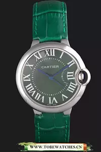 Cartier Ballon Bleu Silver Bezel With Green Dial And Green Leather Band En59643