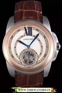 Cartier Calibre Flying Tourbillon White Dial Two Tone Case Brown Leather Bracelet En58105