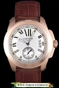 Cartier Calibre White Dial Gold Case Brown Leather Bracelet En58880