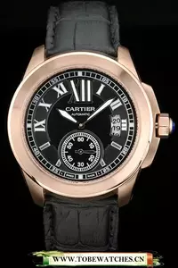 Cartier Calibre Black Dial Gold Case Black Leather Bracelet En58881