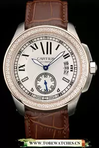 Cartier Calibre White Dial Diamonds Two Tone Case Brown Leather Bracelet En58882