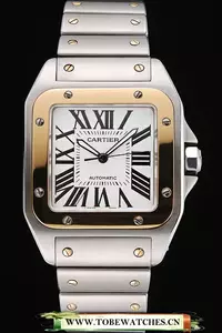 Cartier Santos De Cartier Galbee Yellow Gold And Steel Case Steel Bracelet En60527