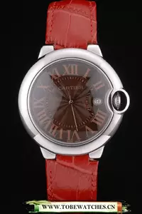 Cartier Ballon Bleu 38mm Brown Dial Stainless Steel Case Red Leather Bracelet En99112