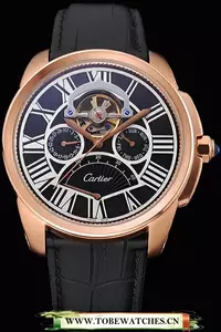 Cartier Calibre Tourbillon Black Dial Gold Case Black Leather Strap En120725
