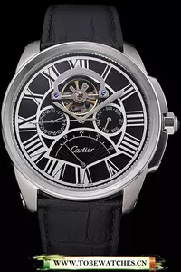 Cartier Calibre Tourbillon Black Dial Stainless Steel Case Black Leather Strap En120726