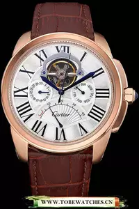 Cartier Calibre Tourbillon White Dial Gold Case Brown Leather Strap En120727