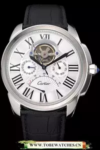 Cartier Calibre Tourbillon White Dial Stainless Steel Case Black Leather Strap En120728