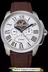 Cartier Calibre Tourbillon White Dial Stainless Steel Case Brown Leather Strap En120729