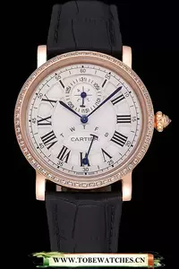 Cartier Rotonde White Dial Gold Case With Jewels Black Leather Strap En120734