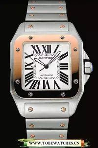 Cartier Santos White Dial Gold Bezel Steel Case And Bracelet En120853