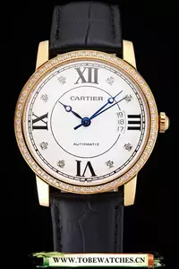 Cartier Ronde Solo White Dial Gold Diamond Case Black Leather Strap En121249