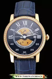 Cartier Rotonde Small Complication Blue Dial Gold Diamond Case Blue Leather Strap En121250