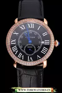 Cartier Ronde Louis Cartier Black Dial Gold Case Diamond Bezel Black Leather Strap En121532