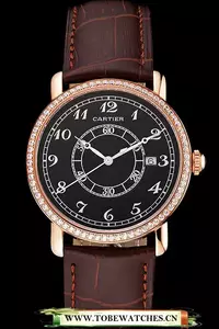 Cartier Ronde Solo Black Dial Diamond Bezel Rose Gold Case Brown Leather Strap En122584