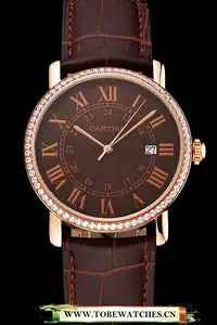 Cartier Ronde Solo Brown Dial Diamond Bezel Rose Gold Case Brown Leather Strap En122586