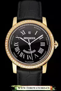 Cartier Rotonde Annual Calendar Black Dial Diamond Bezel Gold Case Black Leather Strap En122739