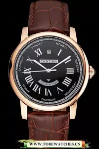 Cartier Rotonde Annual Calendar Black Dial Rose Gold Case Brown Leather Strap En122742