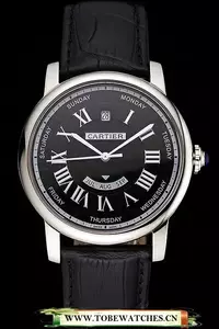 Cartier Rotonde Annual Calendar Black Dial Stainless Steel Case Black Leather Strap En122744