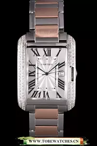 Cartier Tank Anglaise 36mm Silver Dial Diamonds Steel Case Two Tone Bracelet En59149