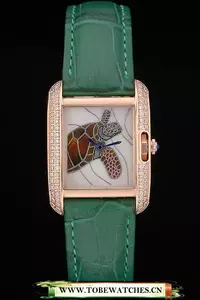 Cartier Tank Anglaise White Tortoise Dial Diamonds Gold Case Green Leather Bracelet En59166
