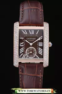 Cartier Tank Mc Gold Diamond Case Brown Dial Brown Leather Strap En60068