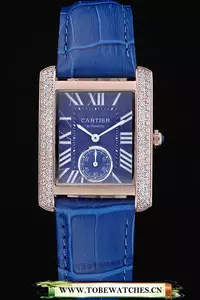 Cartier Tank Mc Gold Diamond Case Blue Dial Blue Leather Stap En60069