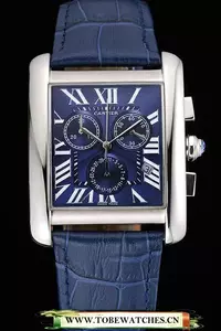 Cartier Tank Mc Blue Dial Stainless Steel Case Blue Leather Bracelet En60617