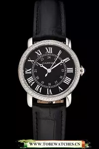 Cartier Ronde Black Dial Diamond Bezel Stainless Steel Case Black Leather Strap En122577