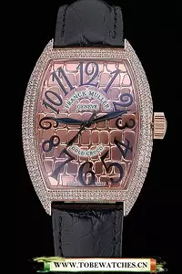Franck Muller Gold Croco Diamonds Case Black Leather Strap En60247