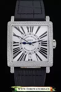 Franck Muller Master Square White Dial Diamonds Case Black Leather Band En60252