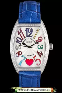 Frank Muller Heart Diamond Silver Bezel Blue Leather Band En59679