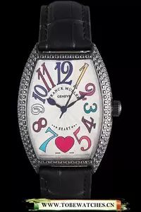 Frank Muller Heart Diamond Silver Bezel Black Leather Band En59686