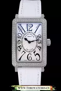 Franck Muller Long Island Classic White Dial Diamonds Case White Leather Band En60263